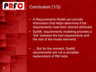 Conclusion (1/3)
57
• A Requirements Model can provide
information that helps determine if the
requirements meet their des...