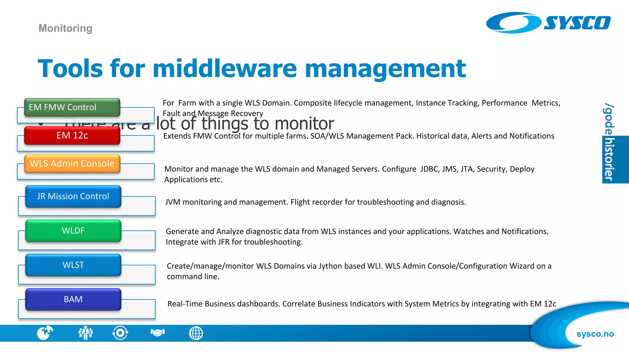 sysco.no
Tools for middleware management
• There are a lot of things to monitor
Monitoring
EM FMW Control
EM 12c
WLS Admin Console
JR Mission Control
WLDF
WLST
BAM
For Farm with a single WLS Domain. Composite lifecycle management, Instance Tracking, Performance Metrics,
Fault and Message Recovery
Extends FMW Control for multiple farms. SOA/WLS Management Pack. Historical data, Alerts and Notifications
Monitor and manage the WLS domain and Managed Servers. Configure JDBC, JMS, JTA, Security, Deploy
Applications etc.
JVM monitoring and management. Flight recorder for troubleshooting and diagnosis.
Generate and Analyze diagnostic data from WLS instances and your applications. Watches and Notifications.
Integrate with JFR for troubleshooting.
Create/manage/monitor WLS Domains via Jython based WLI. WLS Admin Console/Configuration Wizard on a
command line.
Real-Time Business dashboards. Correlate Business Indicators with System Metrics by integrating with EM 12c
 