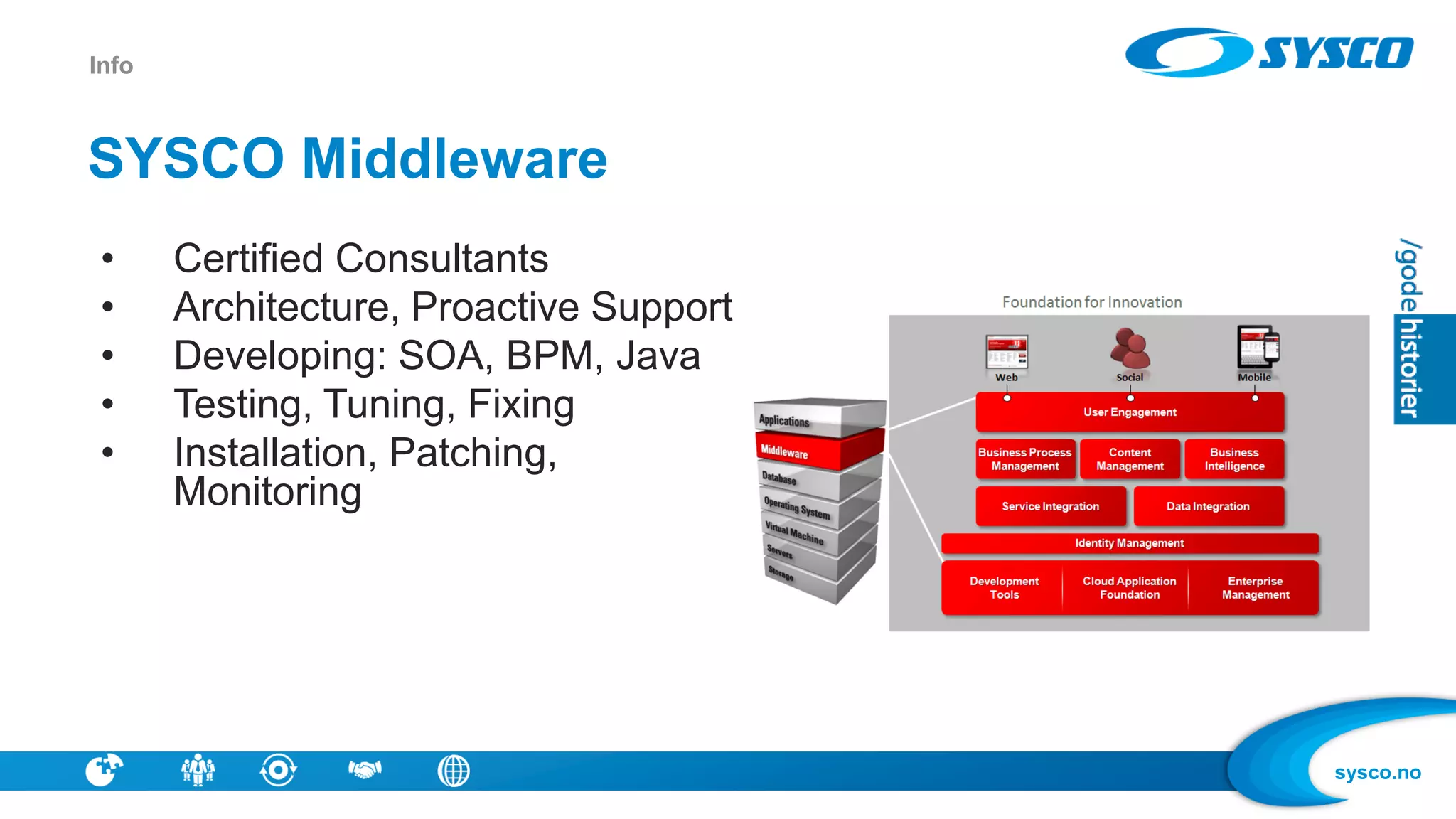 sysco.no
SYSCO Middleware
Info
• Certified Consultants
• Architecture, Proactive Support
• Developing: SOA, BPM, Java
• Testing, Tuning, Fixing
• Installation, Patching,
Monitoring
 