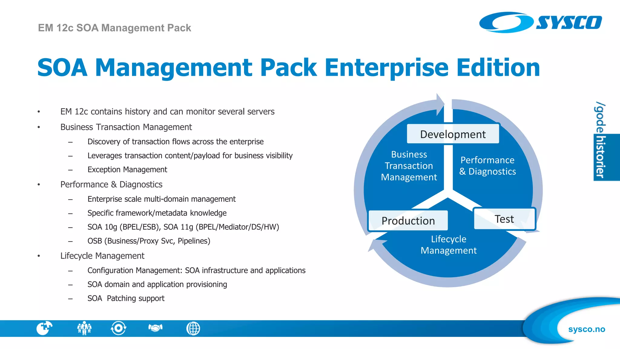 sysco.no
SOA Management Pack Enterprise Edition
• EM 12c contains history and can monitor several servers
• Business Transaction Management
– Discovery of transaction flows across the enterprise
– Leverages transaction content/payload for business visibility
– Exception Management
• Performance & Diagnostics
– Enterprise scale multi-domain management
– Specific framework/metadata knowledge
– SOA 10g (BPEL/ESB), SOA 11g (BPEL/Mediator/DS/HW)
– OSB (Business/Proxy Svc, Pipelines)
• Lifecycle Management
– Configuration Management: SOA infrastructure and applications
– SOA domain and application provisioning
– SOA Patching support
EM 12c SOA Management Pack
Performance
& Diagnostics
Lifecycle
Management
Business
Transaction
Management
Production Test
Development
 