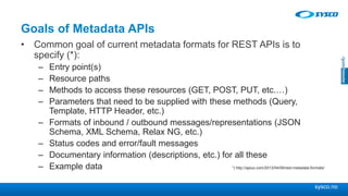 sysco.no
Goals of Metadata APIs
• Common goal of current metadata formats for REST APIs is to
specify (*):
– Entry point(s)
– Resource paths
– Methods to access these resources (GET, POST, PUT, etc.…)
– Parameters that need to be supplied with these methods (Query,
Template, HTTP Header, etc.)
– Formats of inbound / outbound messages/representations (JSON
Schema, XML Schema, Relax NG, etc.)
– Status codes and error/fault messages
– Documentary information (descriptions, etc.) for all these
– Example data *) http://apiux.com/2013/04/09/rest-metadata-formats/
 
