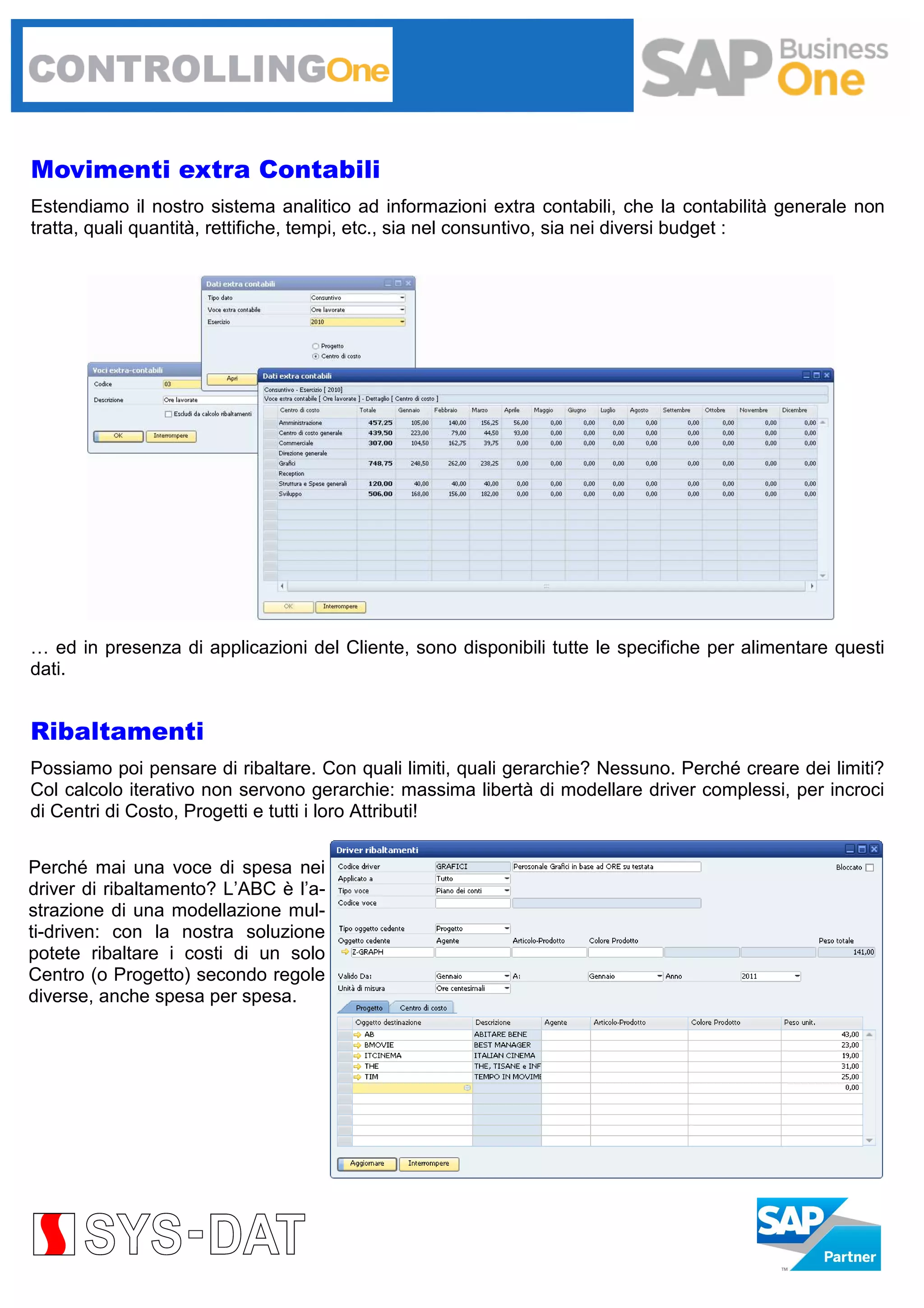 Movimenti extra Contabili
Estendiamo il nostro sistema analitico ad informazioni extra contabili, che la contabilità generale non
tratta, quali quantità, rettifiche, tempi, etc., sia nel consuntivo, sia nei diversi budget :

… ed in presenza di applicazioni del Cliente, sono disponibili tutte le specifiche per alimentare questi
dati.

Ribaltamenti
Possiamo poi pensare di ribaltare. Con quali limiti, quali gerarchie? Nessuno. Perché creare dei limiti?
Col calcolo iterativo non servono gerarchie: massima libertà di modellare driver complessi, per incroci
di Centri di Costo, Progetti e tutti i loro Attributi!
Perché mai una voce di spesa nei
driver di ribaltamento? L’ABC è l’astrazione di una modellazione multi-driven: con la nostra soluzione
potete ribaltare i costi di un solo
Centro (o Progetto) secondo regole
diverse, anche spesa per spesa.

 