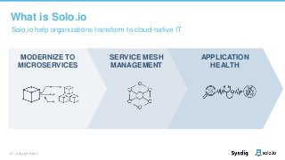 10 | Copyright © 2019
Solo.io help organizations transform to cloud-native IT
What is Solo.io
MODERNIZE TO
MICROSERVICES
SERVICE MESH
MANAGEMENT
APPLICATION
HEALTH
 