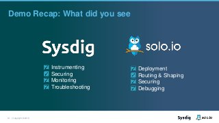 14 | Copyright © 2019
Demo Recap: What did you see
Instrumenting
Securing
Monitoring
Troubleshooting
Deployment
Routing & Shaping
Securing
Debugging
 