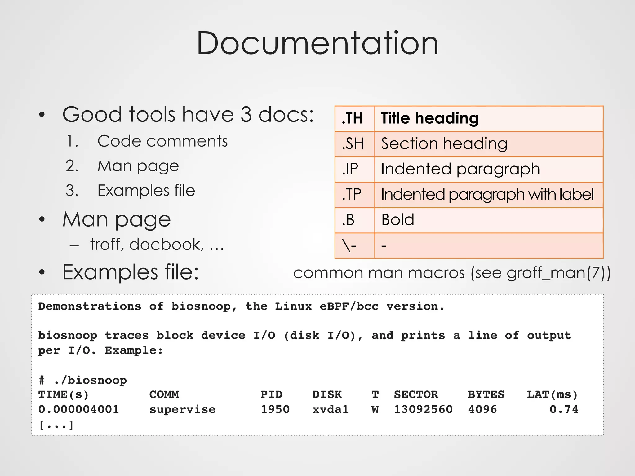 Documentation
•  Good tools have 3 docs:
1.  Code comments
2.  Man page
3.  Examples file
•  Man page
–  troff, docbook, …
•  Examples file:
.TH Title heading
.SH Section heading
.IP Indented paragraph
.TP Indented paragraph with label
.B Bold
- -
common man macros (see groff_man(7))
Demonstrations of biosnoop, the Linux eBPF/bcc version.
biosnoop traces block device I/O (disk I/O), and prints a line of output
per I/O. Example:
# ./biosnoop
TIME(s) COMM PID DISK T SECTOR BYTES LAT(ms)
0.000004001 supervise 1950 xvda1 W 13092560 4096 0.74
[...]
 