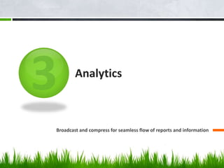 Analytics
Broadcast and compress for seamless flow of reports and information
 