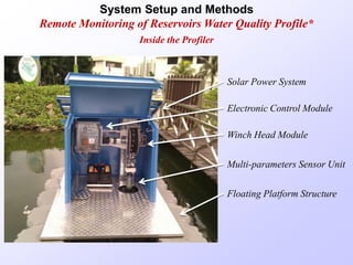 System Setup and Methods
Remote Monitoring of Reservoirs Water Quality Profile*
Electronic Control Module
Solar Power System
Winch Head Module
Multi-parameters Sensor Unit
Floating Platform Structure
Inside the Profiler
 