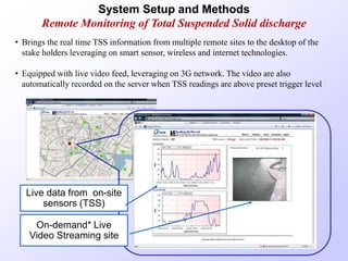 System Setup and Methods
Remote Monitoring of Total Suspended Solid discharge
Live data from on-site
sensors (TSS)
On-demand* Live
Video Streaming site
• Brings the real time TSS information from multiple remote sites to the desktop of the
stake holders leveraging on smart sensor, wireless and internet technologies.
• Equipped with live video feed, leveraging on 3G network. The video are also
automatically recorded on the server when TSS readings are above preset trigger level
 