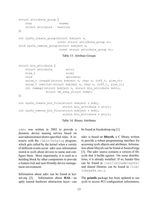 struct attribute_group {
char
∗name;
struct attribute
∗∗attrs;
};
int sysfs_create_group(struct kobject ∗,
const struct attribute_group ∗);
void sysfs_remove_group(struct kobject ∗,
const struct attribute_group ∗);

Table 13: Attribute Groups
struct bin_attribute {
struct attribute
attr;
size_t
size;
void
∗private;
ssize_t (∗read)(struct kobject ∗, char ∗, loff_t, size_t);
ssize_t (∗write)(struct kobject ∗, char ∗, loff_t, size_t);
int (∗mmap)(struct kobject ∗, struct bin_attribute ∗attr,
struct vm_area_struct ∗vma);
};
int sysfs_create_bin_file(struct
struct
int sysfs_remove_bin_file(struct
struct

kobject ∗ kobj,
bin_attribute ∗ attr);
kobject ∗ kobj,
bin_attribute ∗ attr);

Table 14: Binary Attributes
udev was written in 2003 to provide a
dynamic device naming service based on
user/administrator/distro-speciﬁed rules. It interacts with the /sbin/hotplug program,
which gets called by the kernel when a variety
of different events occur. udev uses information
stored in sysfs about devices to name and conﬁgure them. More importantly, it is used as a
building block by other components to provide
a feature-rich and user-friendly device management environment.

be found at freedesktop.org [1].
udev is based on libsysfs, a C library written
to provide a robust programming interface for
accessing sysfs objects and attributes. Information about libsysfs can be found at SourceForge
[3]. The udev source contains a version of libsysfs that it builds against. On some distributions, it is already installed. If so, header ﬁles
can be found in /usr/include/sysfs/
and shared libraries can be found in /lib/
libsysfs.so.1.

Information about udev can be found at kernel.org [2].
Information about HAL—an
aptly named hardware abstraction layer—can

The pciutils package has been updated to use
sysfs to access PCI conﬁguration information,
13

 