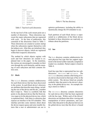 /sys/
|-- block
|-- bus
|-- class
|-- devices
|-- firmware
|-- module
‘-- power

bus/
|-|-|-‘--

Table 4: The bus directory
optimize performance, including the ability to
dyanmically change the I/O scheduler to use.

Table 3: Top level sysfs directories
At the top level of the sysfs mount point are a
number of directories. These directories represent the major subsystems that are registered
with sysfs. At the time of publication, this
consisted of the directories listed in Table 3.
These directories are created at system startup
when the subsystems register themselves with
the kobject core. After they are initialized, they
begin to discover objects, which are registered
within their respective directories.

Each partition of each block device is represented as a subdirectory of the block device.
Included in these directories are read-only attributes about the partitions.

3.2

The method by which objects register with
sysfs and how directores are created is explained later in the paper. In the meantime,
the curious are encouraged to meander on their
own through the sysfs hierarchy, and the meaning of each subsystem and their contents follows now.
3.1

ide
pci
scsi
usb

bus

The bus directory contains subdirectories for
each physical bus type that has support registered in the kernel (either statically compiled or
loaded via a module). Partial output is listed in
Table 4.
Each bus type that is represented has two subdirectories: devices and drivers. The
devices directory contains a ﬂat listing of every device discovered on that type of bus in the
entire system. The devices listed are actually
symbolic links that point to the device’s directory in the global device tree. An example listing is shown in Table 5.

block

The block directory contains subdirectories
for each block device that has been discovered
in the system. In each block device’s directory
are attributes that describe many things, including the size of the device and the dev_t number
that it maps to. There is a symbolic link that
points to the physical device that the block device maps to (in the physical device tree, which
is explained later). And, there is a directory that
exposes an interface to the I/O scheduler. This
interface provides some statistics about about
the device request queue and some tunable features that a user or administrator can use to

The drivers directory contains directories
for each device driver that has been registered
with the bus type. Within each of the drivers’
directories are attributes that allow viewing and
manipulation of driver parameters, and symbolic links that point to the physical devices (in
the global device tree) that the driver is bound
to.
3

 