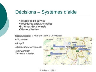 Décisions – Systèmes d’aide
   •Protocoles de service
   •Procédures opérationnelles
   •Schémas décisionnels
   •Géo-localisation

Géolocalisation : Aide au choix d’un vecteur
•Disponible
•Adapté
•Délai estimé acceptable
•Comparaison
Terrestre - Aérien




                      Dr L.Gout – 12/2011
 