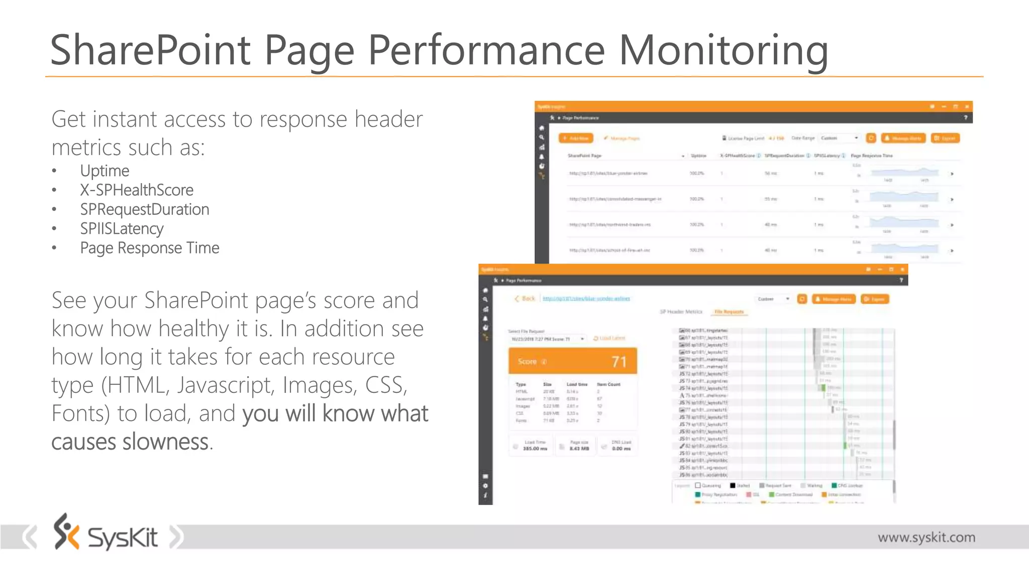 SharePoint Page Performance Monitoring
Get instant access to response header
metrics such as:
• Uptime
• X-SPHealthScore
• SPRequestDuration
• SPIISLatency
• Page Response Time
See your SharePoint page’s score and
know how healthy it is. In addition see
how long it takes for each resource
type (HTML, Javascript, Images, CSS,
Fonts) to load, and you will know what
causes slowness.
 