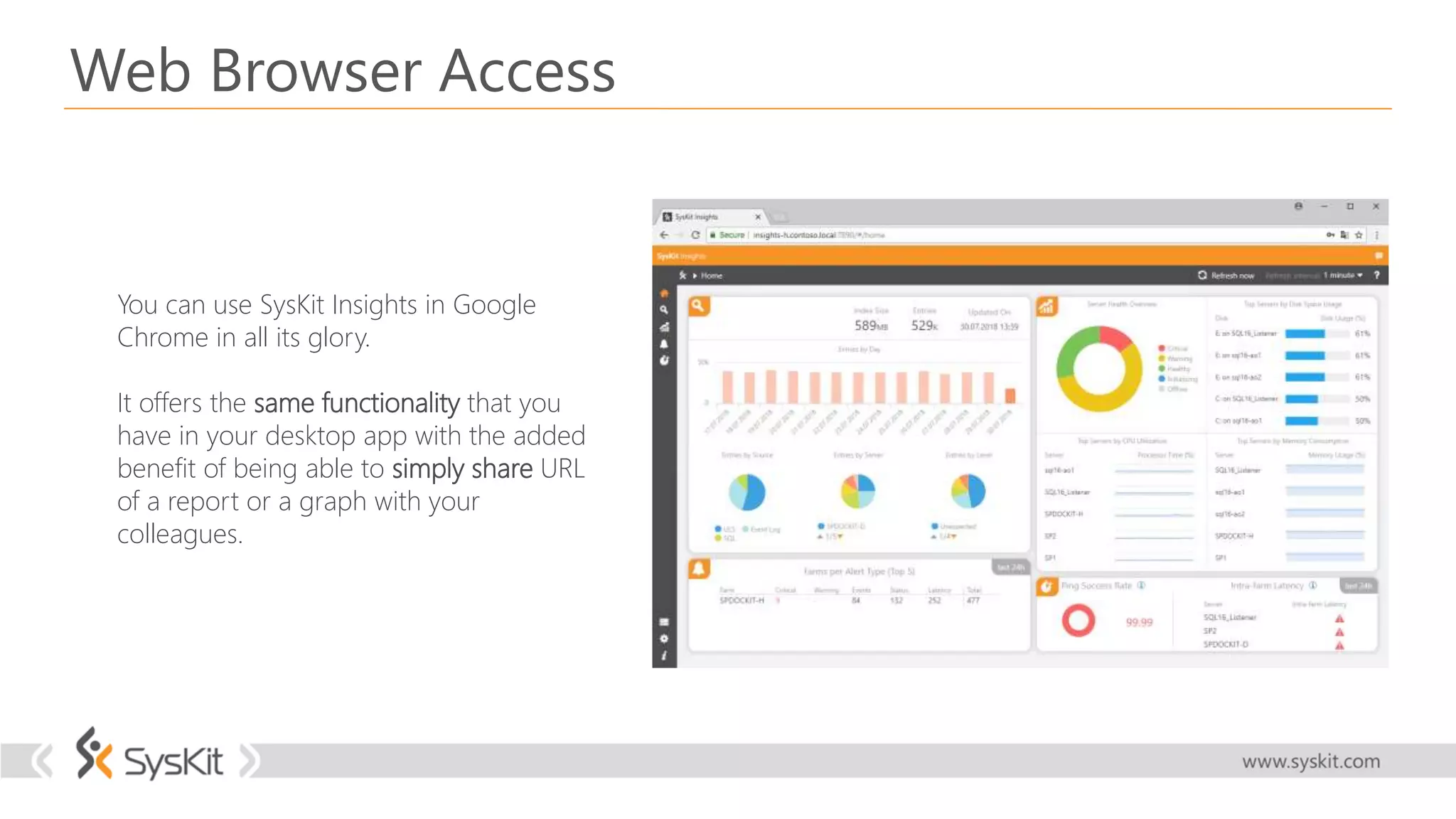 Web Browser Access
You can use SysKit Insights in Google
Chrome in all its glory.
It offers the same functionality that you
have in your desktop app with the added
benefit of being able to simply share URL
of a report or a graph with your
colleagues.
 