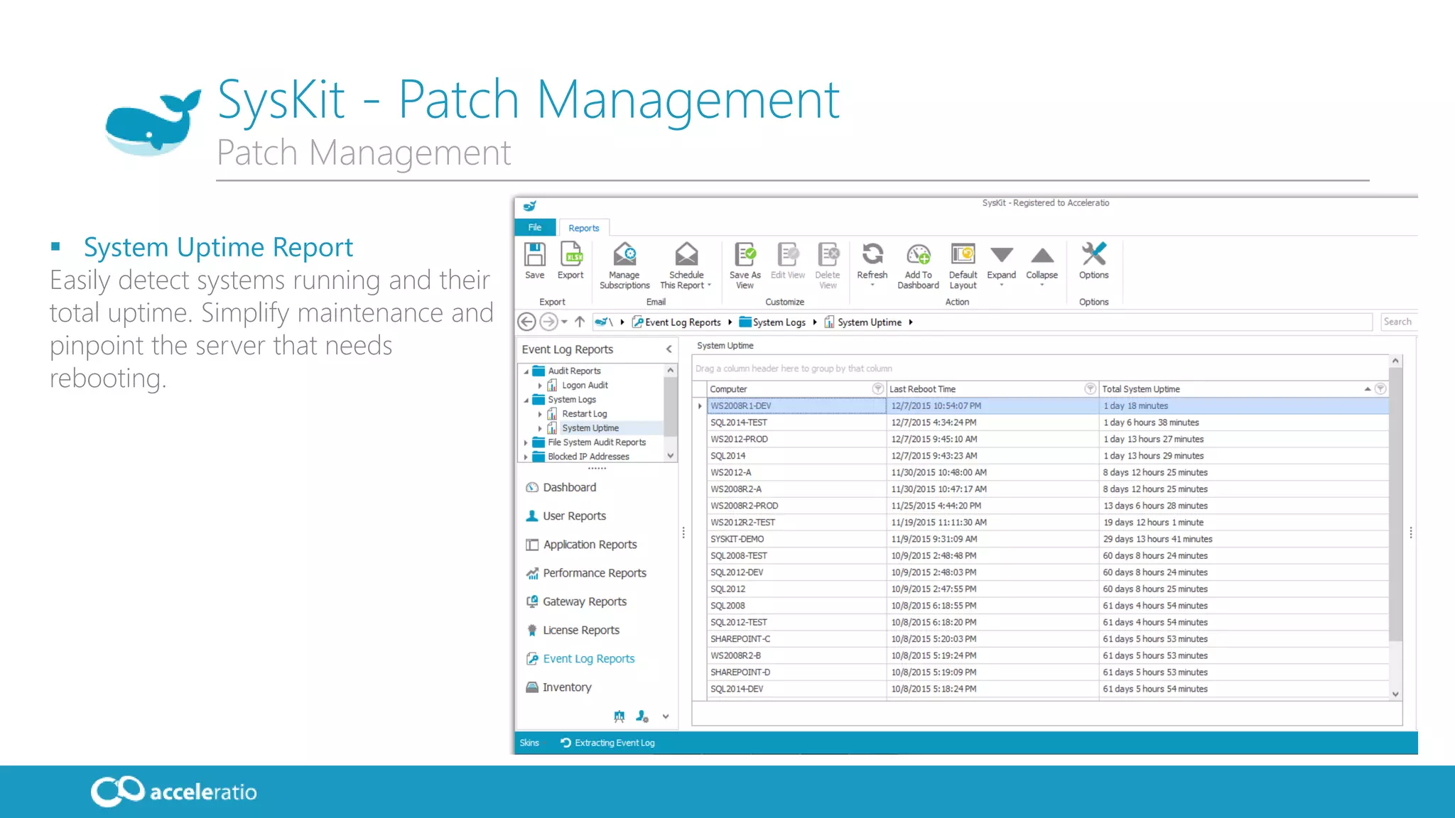 SysKit - Patch Management
 System Uptime Report
Easily detect systems running and their
total uptime. Simplify maintenance and
pinpoint the server that needs
rebooting.
Patch Management
 