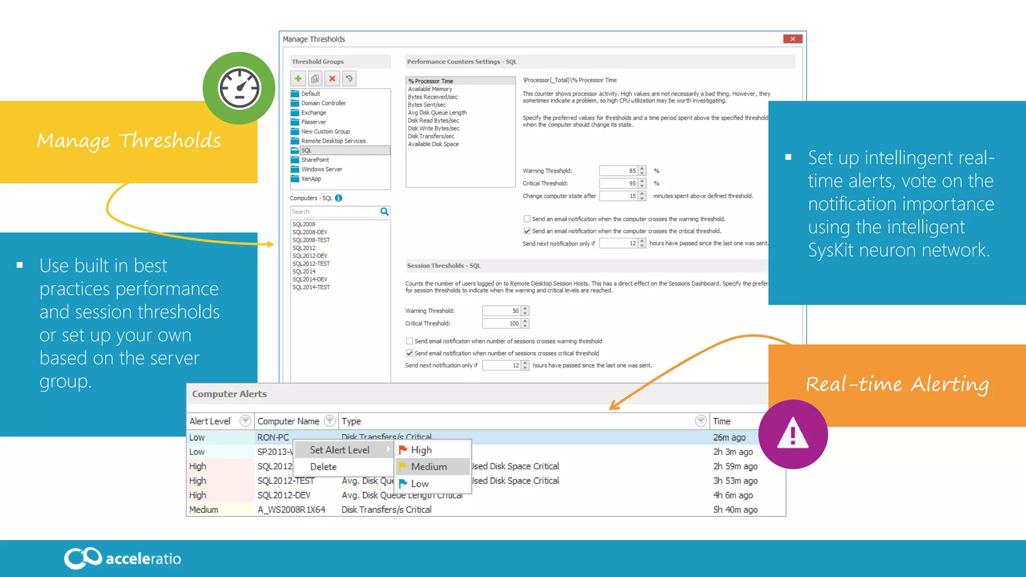 Manage Thresholds
 Use built in best
practices performance
and session thresholds
or set up your own
based on the server
group. Real-time Alerting
 Set up intellingent real-
time alerts, vote on the
notification importance
using the intelligent
SysKit neuron network.
 