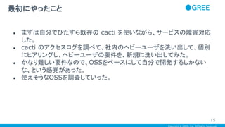 Copyright © GREE, Inc. All Rights Reserved.
● まずは自分でひたすら既存の cacti を使いながら、サービスの障害対応
した。
● cacti のアクセスログを調べて、社内のヘビーユーザを洗い出して、個別
にヒアリングし、ヘビーユーザの要件を、新規に洗い出してみた。
● かなり難しい要件なので、OSSをベースにして自分で開発するしかない
な、という感覚があった。
● 使えそうなOSSを調査していった。
最初にやったこと
15
 