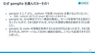 Copyright © GREE, Inc. All Rights Reserved.
● ganglia 3.1.7 から、 python で拡張 module を書けるようになった。
● 当時、 collectd はCでしか plugin 書けなかった気がする。
● ganglia は、Grid単位でツリー構造を構成し、サーバを管理できる設計に
なっていたので、うまく設計すれば、かなり大規模な構成を組めそうだと感
じた。
● ganglia は node の情報を取得するためのAPIなどあったので、うまく設
計すれば、APIサーバとして社内に機能を提供し、いろいろ拡張できそうだ
と思った。
なぜ ganglia を選んだか・その１
17
 