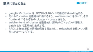 Copyright © GREE, Inc. All Rights Reserved.
● ganglia の cluster を、IPアドレスのレンジで適切にshardingする
● それらの cluster を透過的に扱えるよう、 webfrontend を作って、その
frontend にそれぞれの cluster へ proxy させる。
● webfrontend が cluster を透過的に扱うためのマッピング情報は、
batch job で定期的に生成する。
● RRDに15sec単位で情報を保存するために、 rrdcached を使いつつ適
切にチューニングする。
簡単にまとめると
22
 