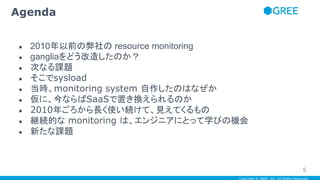 Copyright © GREE, Inc. All Rights Reserved.
● 2010年以前の弊社の resource monitoring
● gangliaをどう改造したのか？
● 次なる課題
● そこでsysload
● 当時、monitoring system 自作したのはなぜか
● 仮に、今ならばSaaSで置き換えられるのか
● 2010年ごろから長く使い続けて、見えてくるもの
● 継続的な monitoring は、エンジニアにとって学びの機会
● 新たな課題
Agenda
5
 