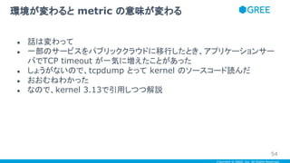 Copyright © GREE, Inc. All Rights Reserved.
● 話は変わって
● 一部のサービスをパブリッククラウドに移行したとき、アプリケーションサー
バでTCP timeout が一気に増えたことがあった
● しょうがないので、tcpdump とって kernel のソースコード読んだ
● おおむねわかった
● なので、kernel 3.13で引用しつつ解説
環境が変わると metric の意味が変わる
54
 