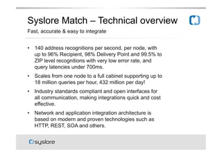 Syslore Match C Technical overview
Fast, accurate & easy to integrate
?? 140 address recognitions per second, per node, with
up to 96% Recipient, 98% Delivery Point and 99.5% to
ZIP level recognitions with very low error rate, and
query latencies under 700ms.
?? Scales from one node to a full cabinet supporting up to
18 million queries per hour, 432 million per day!
?? Industry standards compliant and open interfaces for
all communication, making integrations quick and cost
effective.
?? Network and application integration architecture is
based on modern and proven technologies such as
HTTP, REST, SOA and others.

 