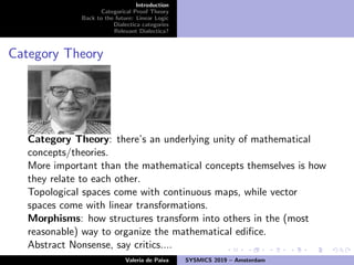 Introduction
Categorical Proof Theory
Back to the future: Linear Logic
Dialectica categories
Relevant Dialectica?
Category Theory
Category Theory: there’s an underlying unity of mathematical
concepts/theories.
More important than the mathematical concepts themselves is how
they relate to each other.
Topological spaces come with continuous maps, while vector
spaces come with linear transformations.
Morphisms: how structures transform into others in the (most
reasonable) way to organize the mathematical ediﬁce.
Abstract Nonsense, say critics....
Valeria de Paiva SYSMICS 2019 – Amsterdam
 