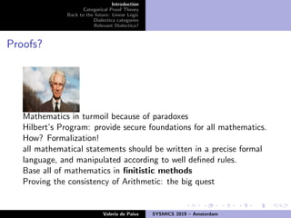 Introduction
Categorical Proof Theory
Back to the future: Linear Logic
Dialectica categories
Relevant Dialectica?
Proofs?
Mathematics in turmoil because of paradoxes
Hilbert’s Program: provide secure foundations for all mathematics.
How? Formalization!
all mathematical statements should be written in a precise formal
language, and manipulated according to well deﬁned rules.
Base all of mathematics in ﬁnitistic methods
Proving the consistency of Arithmetic: the big quest
Valeria de Paiva SYSMICS 2019 – Amsterdam
 