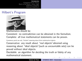 Introduction
Categorical Proof Theory
Back to the future: Linear Logic
Dialectica categories
Relevant Dialectica?
Hilbert’s Program
Mathematics should be
Consistent: no contradiction can be obtained in the formalism.
Complete: all true mathematical statements can be proven.
Consistency proof use only “ﬁnitistic”reasoning about ﬁnite mathematical objects.
Conservative: any result about “real objects”obtained using
reasoning about “ideal objects”(such as uncountable sets) can be
proved without ideal objects.
Decidable: an algorithm for deciding the truth or falsity of any
mathematical statement.
Valeria de Paiva SYSMICS 2019 – Amsterdam
 