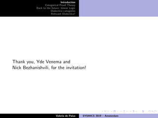 Introduction
Categorical Proof Theory
Back to the future: Linear Logic
Dialectica categories
Relevant Dialectica?
Thank you, Yde Venema and
Nick Bezhanishvili, for the invitation!
Valeria de Paiva SYSMICS 2019 – Amsterdam
 