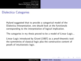 Introduction
Categorical Proof Theory
Back to the future: Linear Logic
Dialectica categories
Relevant Dialectica?
Dialectica Categories
Hyland suggested that to provide a categorical model of the
Dialectica Interpretation, one should look at the functionals
corresponding to the interpretation of logical implication.
The categories in my thesis proved to be a model of Linear Logic...
Linear Logic introduced by Girard (1987) as a proof-theoretic tool:
the symmetries of classical logic plus the constructive content of
proofs of intuitionistic logic.
Valeria de Paiva SYSMICS 2019 – Amsterdam
 