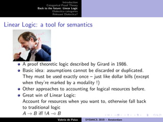Introduction
Categorical Proof Theory
Back to the future: Linear Logic
Dialectica categories
Relevant Dialectica?
Linear Logic: a tool for semantics
A proof theoretic logic described by Girard in 1986.
Basic idea: assumptions cannot be discarded or duplicated.
They must be used exactly once – just like dollar bills (except
when they’re marked by a modality !)
Other approaches to accounting for logical resources before.
Great win of Linear Logic:
Account for resources when you want to, otherwise fall back
to traditional logic
A → B iﬀ !A −◦ B
Valeria de Paiva SYSMICS 2019 – Amsterdam
 