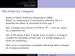 Introduction
Categorical Proof Theory
Back to the future: Linear Logic
Dialectica categories
Relevant Dialectica?
Why Dialectica Categories
Based on G¨odel’s Dialectica Interpretation (1958):
Result: an interpretation of intuitionistic arithmetic HA in a
quantiﬁer-free theory of functionals of ﬁnite type T.
Idea: translate every formula A of HA to AD = ∃u∀x.AD, where
AD is quantiﬁer-free.
Use: If HA proves A then T proves AD(t, y) where y is string of
variables for functionals of ﬁnite type, t a suitable sequence of
terms not containing y
Goal: to be as constructive as possible while being able to interpret
all of classical arithmetic
Valeria de Paiva SYSMICS 2019 – Amsterdam
 