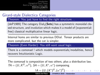 Introduction
Categorical Proof Theory
Back to the future: Linear Logic
Dialectica categories
Relevant Dialectica?
Girard-style Dialectica Categories
Theorem: You just have to ﬁnd the right structure. . .
(deP1989) The category Dial2(Sets) has a symmetric monoidal clo-
sed structure, and involution which makes it a model of (exponential-
free) classical multiplicative linear logic.
Internal homs are similar to previous DDial. Tensor products are
more complicated, but the cat is simpler.
Theorem (Even Harder): You still want usual logic. . .
There is a comonad ! which models exponentials/modalities, hence
recovers Intuitionistic Logic.
The comonad is composition of two others, plus a distributive law.
TA = (U, XU, αU), SA = (U, X∗, α∗) composing
!A = (U, (X∗
)U
, (α∗
)U
)
Valeria de Paiva SYSMICS 2019 – Amsterdam
 