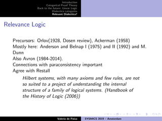 Introduction
Categorical Proof Theory
Back to the future: Linear Logic
Dialectica categories
Relevant Dialectica?
Relevance Logic
Precursors: Orlov(1928, Dosen review), Ackerman (1958)
Mostly here: Anderson and Belnap I (1975) and II (1992) and M.
Dunn
Also Avron (1984-2014).
Connections with paraconsistency important
Agree with Restall
Hilbert systems, with many axioms and few rules, are not
so suited to a project of understanding the internal
structure of a family of logical systems. (Handbook of
the History of Logic (2006))
Valeria de Paiva SYSMICS 2019 – Amsterdam
 