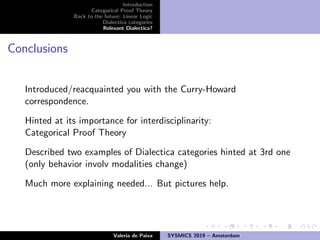 Introduction
Categorical Proof Theory
Back to the future: Linear Logic
Dialectica categories
Relevant Dialectica?
Conclusions
Introduced/reacquainted you with the Curry-Howard
correspondence.
Hinted at its importance for interdisciplinarity:
Categorical Proof Theory
Described two examples of Dialectica categories hinted at 3rd one
(only behavior involv modalities change)
Much more explaining needed... But pictures help.
Valeria de Paiva SYSMICS 2019 – Amsterdam
 