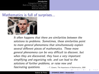 Introduction
Categorical Proof Theory
Back to the future: Linear Logic
Dialectica categories
Relevant Dialectica?
Mathematics is full of surprises...
It often happens that there are similarities between the
solutions to problems. Sometimes, these similarities point
to more general phenomena that simultaneously explain
several diﬀerent pieces of mathematics. These more
general phenomena can be very diﬃcult to discover, but
when they are discovered, they have a very important
simplifying and organizing role, and can lead to the
solutions of further problems, or raise new and
fascinating questions. – T. Gowers, The Importance of Mathematics, 2000
Valeria de Paiva SYSMICS 2019 – Amsterdam
 