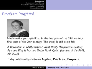Introduction
Categorical Proof Theory
Back to the future: Linear Logic
Dialectica categories
Relevant Dialectica?
Proofs are Programs?
Mathematics got crystallized in the last years of the 19th century,
ﬁrst years of the 20th century. The shock is still being felt.
A Revolution in Mathematics? What Really Happened a Century
Ago and Why It Matters Today Frank Quinn (Notices of the AMS,
Jan 2012)
Today: relationships between Algebra, Proofs and Programs
Valeria de Paiva SYSMICS 2019 – Amsterdam
 