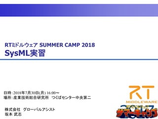 RTミドルウェア SUMMER CAMP 2018
SysML実習
日時：2018年7月30日(月) 16:00～
場所：産業技術総合研究所 つくばセンター中央第二
株式会社 グローバルアシスト
坂本 武志
 