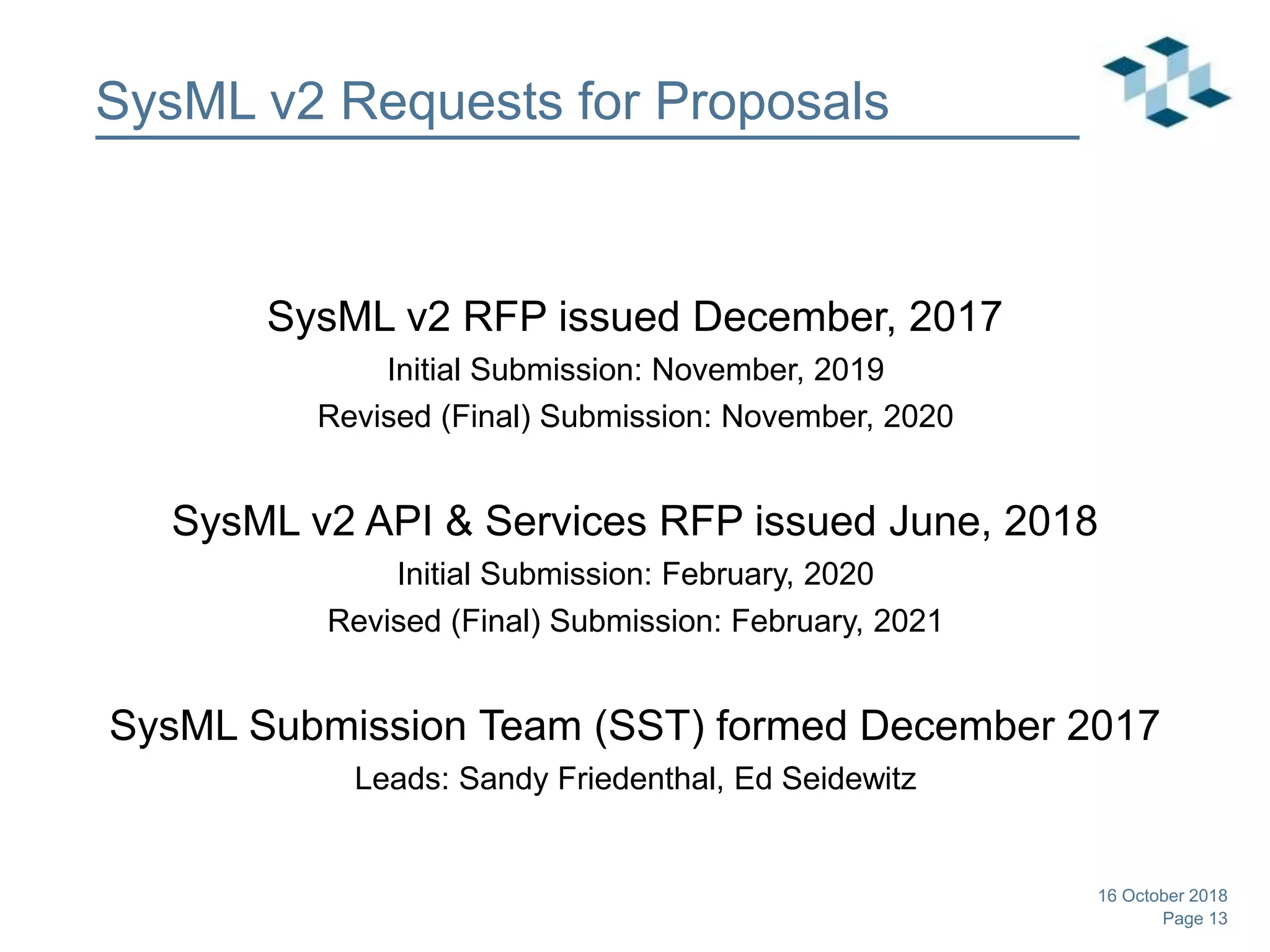 Page 13
SysML v2 Requests for Proposals
SysML v2 RFP issued December, 2017
Initial Submission: November, 2019
Revised (Final) Submission: November, 2020
SysML v2 API & Services RFP issued June, 2018
Initial Submission: February, 2020
Revised (Final) Submission: February, 2021
SysML Submission Team (SST) formed December 2017
Leads: Sandy Friedenthal, Ed Seidewitz
16 October 2018
 