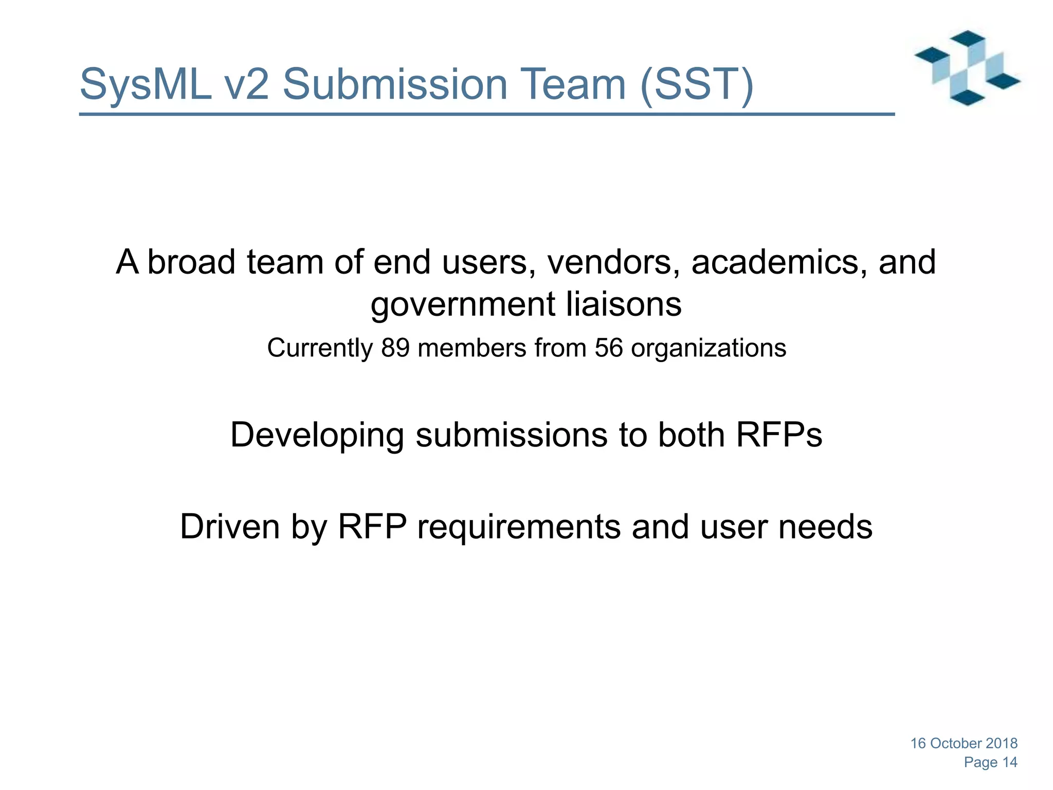 Page 14
SysML v2 Submission Team (SST)
A broad team of end users, vendors, academics, and
government liaisons
Currently 89 members from 56 organizations
Developing submissions to both RFPs
Driven by RFP requirements and user needs
16 October 2018
 