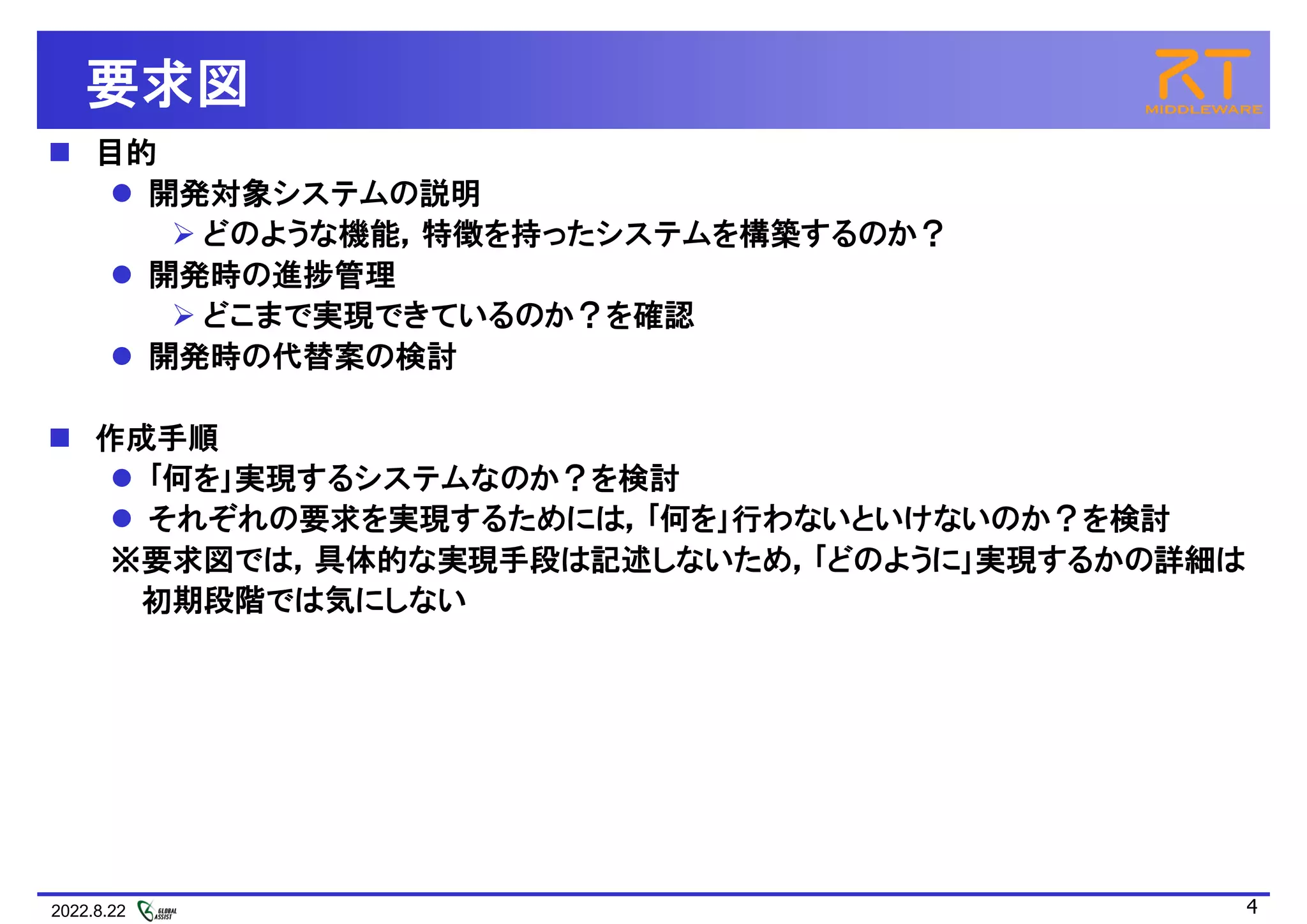 2022.8.22 4
要求図
 目的
 開発対象システムの説明
 どのような機能，特徴を持ったシステムを構築するのか？
 開発時の進捗管理
 どこまで実現できているのか？を確認
 開発時の代替案の検討
 作成手順
 ｢何を｣実現するシステムなのか？を検討
 それぞれの要求を実現するためには，｢何を｣行わないといけないのか？を検討
※要求図では，具体的な実現手段は記述しないため，｢どのように｣実現するかの詳細は
初期段階では気にしない
 