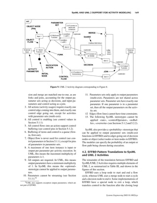 SysML AND UML 2 SUPPORT FOR ACTIVITY MODELING                  169




                                  Figure 9. UML 2 Activity diagram corresponding to Figure 8.


          sion and merge are matched one-to-one, as are               11. Parameters sets only apply to output parameters
          forks and joins, accounting for the output pa-                  (multi-exit). Parameters are not shared across
          rameter sets acting as decisions, and input pa-                 parameter sets. Parameter sets have exactly one
          rameters and control acting as a join.                          parameter. If one parameter is in a parameter
     3.   All actions (activity usages) require exactly one               set, then all the output parameters on the activ-
          control edge coming into them, and exactly one                  ity are.
          control edge going out, except for activities               12 Edges (flow lines) cannot have time constraints.
          with parameter sets (multi-exit).                           13. The following SysML stereotypes cannot be
     4.   All control is enabling (see control values in                  applied: «rate», «controlOperator», «noBuf-
          Section 5.1.1).                                                 fer», «overwrite» (see Sections 5.1.2 and 5.2.2).
     5.   All control flows into an action support control
          buffering (see control pins in Section 5.1.2).              SysML also provides a «probability» stereotype that
     6.   Buffering of items and control is a queue (first-        can be applied to output parameter sets (multi-exit
          in, first-out).                                          functions in EFFBD) and to edges going out of decision
     7.   Object flow is never used for control (see con-          nodes or object (select nodes or item nodes in EFFBD).
          trol parameters in Section 5.1.1), except for pins       The modeler can specify the probability of an output or
          of parameters in parameter sets.                         flow path being chosen during execution.
     8.   A maximum of one item instance is input or
          output per parameter per activity execution. In          4.2. EFFBD Pattern Translations to SysML
          UML, this means the maximum multiplicity of
                                                                   and UML 2 Activities
          parameters is 1.
     9.   All outputs are required. In UML, this means             The remainder of the translation between EFFBD and
          output parameters have a minimum multiplicity            SysML/UML 2 Activities requires multiple elements of
          of 1. In SysML this means the «optional»                 UML 2, as summarized in Table III, and shown in the
          stereotype cannot be applied to output parame-           figures of this section.
          ters.                                                       EFFBD uses a loop node to start and end a flow
   10.    Parameters cannot be streaming (see Section              cycle, whereas UML uses a merge node to start a cycle
          5.1.1).16                                                and a decision node to end it. Some implementations of
      16
        UML also supports exception output parameters, which are   EFFBD have a special node to exit a loop, which
not part of EFFBD.                                                 transfers control to the function after the closing loop


                                                                                           Systems Engineering DOI 10.1002/sys
 