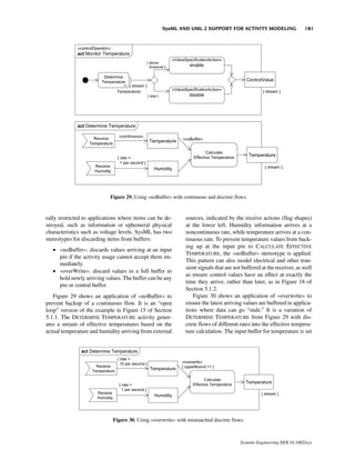 SysML AND UML 2 SUPPORT FOR ACTIVITY MODELING                      181




                            Figure 29. Using «noBuffer» with continuous and discrete flows.



rally restricted to applications where items can be de-       sources, indicated by the receive actions (flag shapes)
stroyed, such as information or ephemeral physical            at the lower left. Humidity information arrives at a
characteristics such as voltage levels. SysML has two         noncontinuous rate, while temperature arrives at a con-
stereotypes for discarding items from buffers:                tinuous rate. To prevent temperature values from back-
                                                              ing up at the input pin to CALCULATE EFFECTIVE
   • «noBuffer»: discards values arriving at an input
                                                              TEMPERATURE, the «noBuffer» stereotype is applied.
     pin if the activity usage cannot accept them im-
                                                              This pattern can also model electrical and other tran-
     mediately.
                                                              sient signals that are not buffered at the receiver, as well
   • «overWrite»: discard values in a full buffer to
                                                              as ensure control values have an effect at exactly the
     hold newly arriving values. The buffer can be any
                                                              time they arrive, rather than later, as in Figure 18 of
     pin or central buffer.
                                                              Section 5.1.2.
   Figure 29 shows an application of «noBuffer» to               Figure 30 shows an application of «overwrite» to
prevent backup of a continuous flow. It is an “open           ensure the latest arriving values are buffered in applica-
loop” version of the example in Figure 15 of Section          tions where data can go “stale.” It is a variation of
5.1.1. The DETERMINE TEMPERATURE activity gener-              DETERMINE TEMPERATURE from Figure 29 with dis-
ates a stream of effective temperatures based on the          crete flows of different rates into the effective tempera-
actual temperature and humidity arriving from external        ture calculation. The input buffer for temperature is set




                             Figure 30. Using «overwrite» with mismatched discrete flows.



                                                                                       Systems Engineering DOI 10.1002/sys
 