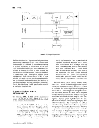 184       BOCK




                                              Figure 33. Activity with partitions.



added to indicate which aspect of the design structure                    activity executions as in UML SE RFP stores or
is responsible for which activities. UML 2 requires that                  traditional data stores. When the activity is dis-
the activities in each partition are the responsibility only              abled, central buffer nodes no longer store any
of the class represented by the partition. SysML pro-                     items, even though these items are not destroyed.
vides the «allocate» stereotype, which loosens this re-                   Also, items flow out of UML 2 central buffer
striction so that the activities in each partition are                    nodes as they become available, rather than as
allocated to the partition class, but can also be allocated               they are needed. UML 2 uses a form of item flow
to other classes. UML 2 also supports multiple sets of                    that treats items like a control value rather than
partitions on a single diagram [Bock, 2004c], to show                     storage. UML provides a limited form of non-de-
multiple allocations. SysML provides much more sup-                       pleting store that copies data as it leaves the store.
port for relating behavior and structure, for example, to
allocate item flows in activities to assembly connectors.             Persistent storage can be achieved with the prede-
This is described in the SysML specification and will              fined UML 2 actions for modifying persistent objects.
be covered in future articles.                                     Specifically, an item flow coming into a UML-SE store
                                                                   or traditional data store is equivalent to assigning that
7. REMAINING UML SE RFP                                            item or data to a particular place in storage. For exam-
REQUIREMENTS                                                       ple, the average pressure on a wing surface might be
                                                                   stored as the value of a particular attribute in an object
The following UML SE RFP activity requirements                     that records information about the wing. Or water flow-
remain to be filled by SysML and UML 2, due to lack                ing into a physical system might be stored in a tank,
of time to refine the requirements:                                which can be modeled as a dynamically changing char-
                                                                   acteristic of the tank. This is equivalent to a UML 2
      • Stores: The UML SE RFP calls for a model for               action for writing attribute values. Conversely, an item
        storage of items as they move through an activity,         flow going out from a UML-SE or traditional data store
        where the store is persistent, and either depletable       is equivalent to retrieving that item from a particular
        or nondepletable (6.5.2.1.2). The corresponding            place in storage. In the previous example, the average
        construct in UML 2, central buffer nodes [Bock             pressure on the wing is read from an attribute of the
        2004a], only hold objects while their containing           wing object. Or water flowing out of a physical system
        activities are executing, not persistently across          might be taken out of a tank. This is equivalent to a


Systems Engineering DOI 10.1002/sys
 