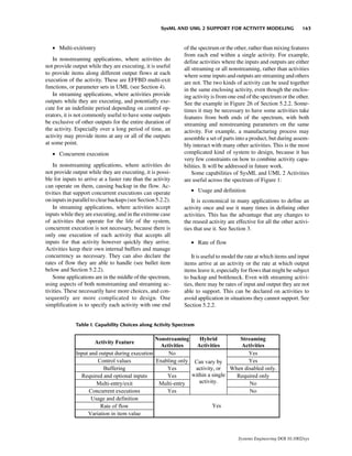 SysML AND UML 2 SUPPORT FOR ACTIVITY MODELING                   163


   • Multi-exit/entry                                         of the spectrum or the other, rather than mixing features
                                                              from each end within a single activity. For example,
    In nonstreaming applications, where activities do         define activities where the inputs and outputs are either
not provide output while they are executing, it is useful     all streaming or all nonstreaming, rather than activities
to provide items along different output flows at each         where some inputs and outputs are streaming and others
execution of the activity. These are EFFBD multi-exit         are not. The two kinds of activity can be used together
functions, or parameter sets in UML (see Section 4).          in the same enclosing activity, even though the enclos-
    In streaming applications, where activities provide       ing activity is from one end of the spectrum or the other.
outputs while they are executing, and potentially exe-        See the example in Figure 26 of Section 5.2.2. Some-
cute for an indefinite period depending on control op-        times it may be necessary to have some activities take
erators, it is not commonly useful to have some outputs       features from both ends of the spectrum, with both
be exclusive of other outputs for the entire duration of      streaming and nonstreaming parameters on the same
the activity. Especially over a long period of time, an       activity. For example, a manufacturing process may
activity may provide items at any or all of the outputs       assemble a set of parts into a product, but during assem-
at some point.                                                bly interact with many other activities. This is the most
   • Concurrent execution                                     complicated kind of system to design, because it has
                                                              very few constraints on how to combine activity capa-
    In nonstreaming applications, where activities do         bilities. It will be addressed in future work.
not provide output while they are executing, it is possi-         Some capabilities of SysML and UML 2 Activities
ble for inputs to arrive at a faster rate than the activity   are useful across the spectrum of Figure 1:
can operate on them, causing backup in the flow. Ac-
tivities that support concurrent executions can operate          • Usage and definition
on inputs in parallel to clear backups (see Section 5.2.2).       It is economical in many applications to define an
    In streaming applications, where activities accept        activity once and use it many times in defining other
inputs while they are executing, and in the extreme case      activities. This has the advantage that any changes to
of activities that operate for the life of the system,        the reused activity are effective for all the other activi-
concurrent execution is not necessary, because there is       ties that use it. See Section 3.
only one execution of each activity that accepts all
inputs for that activity however quickly they arrive.            • Rate of flow
Activities keep their own internal buffers and manage
concurrency as necessary. They can also declare the               It is useful to model the rate at which items and input
rates of flow they are able to handle (see bullet item        items arrive at an activity or the rate at which output
below and Section 5.2.2).                                     items leave it, especially for flows that might be subject
    Some applications are in the middle of the spectrum,      to backup and bottleneck. Even with streaming activi-
using aspects of both nonstreaming and streaming ac-          ties, there may be rates of input and output they are not
tivities. These necessarily have more choices, and con-       able to support. This can be declared on activities to
sequently are more complicated to design. One                 avoid application in situations they cannot support. See
simplification is to specify each activity with one end       Section 5.2.2.


              Table I. Capability Choices along Activity Spectrum




                                                                                       Systems Engineering DOI 10.1002/sys
 