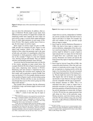 166      BOCK




Figure 5. Multiple items of the same kind input to an activity
definition.

                                                                                   Figure 6. Item usages on activity usages (pins).
does not show this information. In addition, other us-
ages of DISPENSE WATER might accept inputs from
different activities entirely. To support this example, the                       output from an activity, independent of whether
underlying model must separate the item usages for                                any activity actually accepts that kind of item as
each activity usage, to record which output parameter                             input or provides it as output. For example, liq-
flows to which input parameter in each usage of DIS-                              uids exist whether or not any activities accept
PENSE WATER. This requires another layer of item us-                              them as input or output.
age, the item usages on activity usages.                                       2. Item Usage by Activity Definition (Parameter in
    Items usages on activity usages are pins in UML.                              UML): the kind of item input or output to an
UML provides two notations for pins. Figure 4 is the                              activity definition, independent of how the activ-
object node notation, which is the simplest, but is                               ity is used in any diagram. For example, a heating
limited to flows where the parameter type is the same                             activity might be defined to accept a liquid as
at both ends, and where it is unambiguous which flow                              input and provide it as output, but not what kind
corresponds to which parameter, neither of which are
                                                                                  of liquid flows into a particular usage of the
true in this example.10 Figure 6 is the most detailed
                                                                                  activity. Parameters are named, and specify the
view, showing each pin individually. They are labeled
                                                                                  kind of items they input or output (parameter type
with the corresponding parameter name and type.
                                                                                  in UML).
    An activity may be executed many times over the life
of the system, operating on many actual items. For                             3. Item Usage by Activity Usage (Pin in UML): the
example, DISPENSE WATER in Figure 4 may be executed                               connection point between a flow line and a pa-
many times, dispensing many instances of WATER.                                   rameter at a particular activity usage. For exam-
Identifying each item instance is important for accu-                             ple, an input pin to a heating activity will be the
rately describing the execution traces implied by the                             target of an incoming flow line and correspond
flow model, and in particular to specify SysML flow                               to the liquid input parameter of the heating activ-
rates (see Section 5.2.2). For example, during execution                          ity. The pin might also narrow the range of pos-
of the models in Figures 4 and 6, an item instance going                          sible liquids that will be heated, for example,
out of SUPPLY WATER will flow in only one direction,                              specifically to water. However, the type of the pin
even though there are two flow arrows going out of the                            must be compatible with the type of parameter.
object node and pin.11                                                         4. Item Instance (Instance in UML): This is an
    The example above illustrates that the refinements                            individual item that is input or output from a
of definition, usage, and instance apply to items as well                         particular execution of an activity, for example,
as activities:                                                                    particular quantities of liquid flowing into a heat-
      1. Item Definition or Item Type (Classifier in                              ing activity operating at a certain time. In Figure
         UML)12: a kind of item that may be input or                              4, SUPPLY WATER has one output parameter that
                                                                                  split along two flows in this particular usage.
      10
        The explicit pin notation is also required if one end of the flow         During execution, each item instance going out
has no pin, as sometimes happens with control flow (see Fig. 14).                 of SUPPLY WATER will flow along only one of the
      11
        This execution trace is appropriate for physical systems.
Information systems would use a UML fork to send data along                       flow lines, to HEAT WATER or DISPENSE WATER,
multiple flow lines at once. See Footnote 1 to Table II.                          but not both.13
      12
        UML does not distinguish things that flow through a system
from things that do not. It defines the general category of Classifier
                                                                                  13
covering both, but divides this into classes, which have separately                  SysML and UML 2 provide ways to constrain property values
identifiable instances (objects), and datatypes, which are not always       of item instances by ranges, distributions, equations, and other means,
separately identifiable, such as two instances of the number 3. SysML       as well as a model of units and dimensions for these values [Bock,
uses UML’s categorization, but uses the term “block” for class.             2005a, SysML Merge Team, 2006].



Systems Engineering DOI 10.1002/sys
 