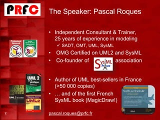• Independent Consultant & Trainer,
25 years of experience in modeling
 SADT, OMT, UML, SysML
• OMG Certified on UML2 and SysML
• Co-founder of association
• Author of UML best-sellers in France
(>50 000 copies)
• … and of the first French
SysML book (MagicDraw!)
pascal.roques@prfc.fr
The Speaker: Pascal Roques
2
 