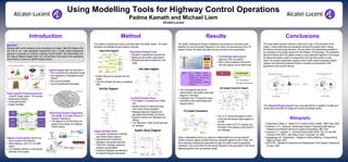 Using Modelling Tools for Highway Control Operations
                                                                                                                                                                                                                             Padma Kamath and Michael Liem
                                                                                                                                                                                                                                                                  Alcatel-Lucent



                                              Introduction                                                                                                                                                         Method                                                                                                            Results                                                                                        Conclusions
                                                                                                                                                                                      The Systems Engineering process is executed within the SysML Model. The model         The SysML model allows linking of Operational requirements to individual model                                      The model based approach enforces a high level of rigor in the description of the
ABSTRACT
                                                                                                                                                                                      becomes more detailed as each phase is executed.                                      elements. By using Parametric Diagrams in the model, the dimensioning of the LTE                                    system. It allows describing the operational scenarios thoroughly before making
Highway traffic control systems can be considered as complex. Often the Systems that
                                                                                                                                                                                                                                                                            network through the Radio linkbudget can be connected to the requirements.                                          architecture and technology decisions. We were able to link operational properties to
are built do not meet operational requirements fully. A SysML based Engineering                                                                                                                                               Requirement Analysis Phase                                                                                                                                        the verification of the design decision for the Wireless LTE technology. The verification
approach is proposed for building a Highway Control System. We demonstrate how                                                                                                                                                 Elicitation of operational requirements                                                                                                                          was done directly within the system model by using parametric diagrams. Even though
the Telecom Network Design (here LTE) will be linked in the model to the operational                                                                                                                                           Mapping to the System requirements
                                                                                                                                                                                                                                                                                                                                Transmit Power
                                                                                                                                                                                                                                                                                                                                                  The linkbudget determines the
                                                                                                                                                                                                                                                                                                        Max UE transmit Power      Losses                                                       the telecommunication system is transparent to the rest of the system in most
requirements to achieve an optimal Design solution.                                                                                                                                                                            Requirements become elements in the                      Maximum Allowable                        and Margins      Maximum Path Loss (MAPL)
                                                                                                                                                                                                                                                                                             Pathloss
                                                                                                                                                                                                                                                                                                                                                                                                cases, the concept of parametric diagrams within SysML allows connecting network
                                                                                                                                                                                                                               model.                                                   Interference margin
                                                                                                                                                                                                                                                                                                                                    Gains
                                                                                                                                                                                                                                                                                                                                                  With a radio propagation formula the          capacity and dimensioning aspects directly to operational requirements of the
                                                                                                                                                                                                                                                                                       extra cell interference

  Poor User Requirement Elicitation             Mixing Requirements and Design                                                                                                                                                                                                         Gains - Losses- Margins
                                                                                                                                                                                                                                                                                                                                  Reference
                                                                                                                                                                                                                                                                                                                                  Sensitivity     inter-site distance can be determined         applications which use the network.
                                               ‘Black Box’ View     ‘White Box’ View                                                                                                                                                                                                   Reference Sensitivity                     Interference
                                                                                                                                                                                                                                                                                                cell radius

                                                                                           System Designs often fail because of                                                                                                                                                                                                   •= MAPL


                                                                                            Poor involvement by operations people                                                                                                                                               MAPL j dB = PMaxTX     dBm
                                                                                                                                                                                                                                                                                                              + Txgain dB − Txloss dB                PL   =           K1+K2 log (R)                  Operational Requirements                                            Operational Requirements
                                                  System
                                               Requirements            System Design
                                                                                            Non separation of Requirements and                                                          System features are grouped into Use                                                               + Rxgain dB − Rxloss dB − Bodyloss dB                                                                                           Derive Requirements for LTE Network
                                                                                                                                                                                                                                                                                           − Penetration dB − Sensitivity dBm                                       Where:
 Document Driven Error Prone Process                 No Requirement traceability            Solution                                                                                    Cases                                                                                              − Interferen ceMargin dB                                                    K1: 1km path loss
                                                                                            Error prone processes                                                                       Only the principal Use case is considered                                                          − ShadowingM argin dB + HOGain dB
                                                                                                                                                                                                                                                                                                                                                                       K2: Path loss exponent
                                                                                            Lack of requirements traceability                                                           here                                                                                               + FSSGain dB                                                                                                                    System                LTE Network Design   System
                                                                                                                                                                                                                                                                                                                                                                                                                            Model                                      Model
                                                                                                                                                                                                                                                                                                                                                                                                                                                                                           LTE Network
                                                                                                                                                                                                                                                                                                                                                                                                                                                                                              Design
                                                                                                                                                                                                                                                                                                                                                                                                                MBSE                                                               MBSE
                                                                                                                                                        Systems Engineering process
                                                                                                                                                                                                                                                                             The Linkbudget formula will be
                                                                                                                                                         according to ISO/IEC 15288


Proper Systems Engineering process                                                                                                                                                                                                                                           implemented in the SysML model (see
                                                                                                               Requirement                  System Analysis

  is key for Design quality. This includes:
                                                                                         Process Input
                                                                                                                 Analysis                     and Control
                                                                                                                                               (Balance)
                                                                                                                                                                                                                                                                             diagram on the right)                                                                                                         System Design                                                       System Design
                                                                                                                      Requirements


  Requirement Analysis
                                                                                                                         Loop

                                                                                                                          Functional Analysis
                                                                                                                                                                                                                              Functional Analysis Phase                      Verification that LTE supports a given
  Functional Analysis
                                                                                                                            and Allocation

                                                                                                                                        Design
                                                                                                                                                                                                                                The System is considered as a “Black         bandwidth is also implemented (see
  Design Synthesis
                                                                                                                    Verification         Loop

                                                                                                                                             Design                   Process                                                   Box”                                         diagram below )
                                                                                                                                            Synthesis                 Output

                                                                                                                                                                                                                                System behavior is described using                                                                                                                              This integrated Design approach has a high potential for re-usability of models and
                                                                                                                                                                                                                                Flow charts (Activity Diagram)                                                                                                                                  should reduce the effort for design and improve the design quality.
     Requirement                       SysML Model
                                                                      Validation &
                                                                                             Model Based Systems Engineering                                                                                                    Message sequence Diagrams are
                                                                      Acceptance
      Analysis

                                                                                              with SysML is the state-of-the-art in                                                                                             generated automatically (not shown)
                                                                                                                                                                                                                                                                                                                                                 The CCTV camera throughput is linked
      Functional
                                                                      Verification
                                                                                              Systems Engineering                                                                                                               System Functions and Operations are
                                                                                                                                                                                                                                defined                                                                                                          to the inter-site distance (see diagram on                                                Bibliography
       Analysis
                                                                                              The diagram on the left shows it as                                                                                                                                                                                                                the left)
                                                                                              applied to the Design of a Highway                                                                                                The “Black Box” model can be executed                                                                                                                            1.Friedenthal,S.,Moore,A., Steiner,R.,A Practical Guide to SysML, OMG Press; 2009
       Design
      Synthesis                                                     Implementation
                                                                                                                                                                                                                                for validation                                                                                                   Also the number of CCTV cameras and
                                                                                              Control System                                                                                                                                                                                                                                     the length of the highway is also linked to     2.Hoffmann, H.-P., Deskbook - Model based Systems Engineering with Rational
                                                                                                                                                                                                                                                                                                                                                 the linkbudget                                    Rhapsody and Rational Harmony for Systems Engineering, IBM, 2010
                                                                                                                                                    Weather
                                                                                                                                                     Sensor
                                                                                                                                                                                      Design Synthesis Phase                                                                                                                                                                                     3.Lescuyer, P., Lucidarme, T., Evolved Packet System (EPS): The LTE and SAE
                                                                                                                  Central Control
                                                                                                                                                                                       The System Architecture is defined.                                                                                                                                                                         Evolution of 3G UMTS, John Wiley & Sons, Chichester, UK, 2008.
                                                                                                                                                                                       (see System Block Diagram)                                                           Using a mathematical solver (e.g. Maxima or Mathematica) we can now trade-off                                        4.Papageorgiou,M., Papamichail,I., Handbook of Ramp Metering, EuropeanRamp
Highway Control System used for our                                                     Wireless BaseStation
                                                                                                                                                                                       Operations and functions are                                                         camera resolution against required frequency bandwidth against number of sites. We                                     Metering Project, 2007
  study consists of the following:
                                                                                                                                                                                       allocated to Subsystem elements                                                      have linked key dimensioning parameters through the SysML model to operational                                       5.IEEE1220 - Standard for Application and Management of the Systems Engineering
  Ramp Metering with CCTV as traffic                                                                                                                    Speed Limit/Lane Gates
                                                                                                                                                                                       “White Box” message sequence                                                         constraints. One could further link the camera resolution to the parameters of the Ramp                                Process, 2005
  sensor                                                                                                  CCTV traffic flow

                                                                                                                                                                                       Diagrams are generated                                                               Metering algorithm such as maximum speed.
  LTE Wireless networks to interconnect
                                                                                                                                                                                       Parametric Diagrams are defined to
  elements of the system                                                               Ramp Signal
                                                                                                                                                                                       do trade-off Analysis (see results)
 