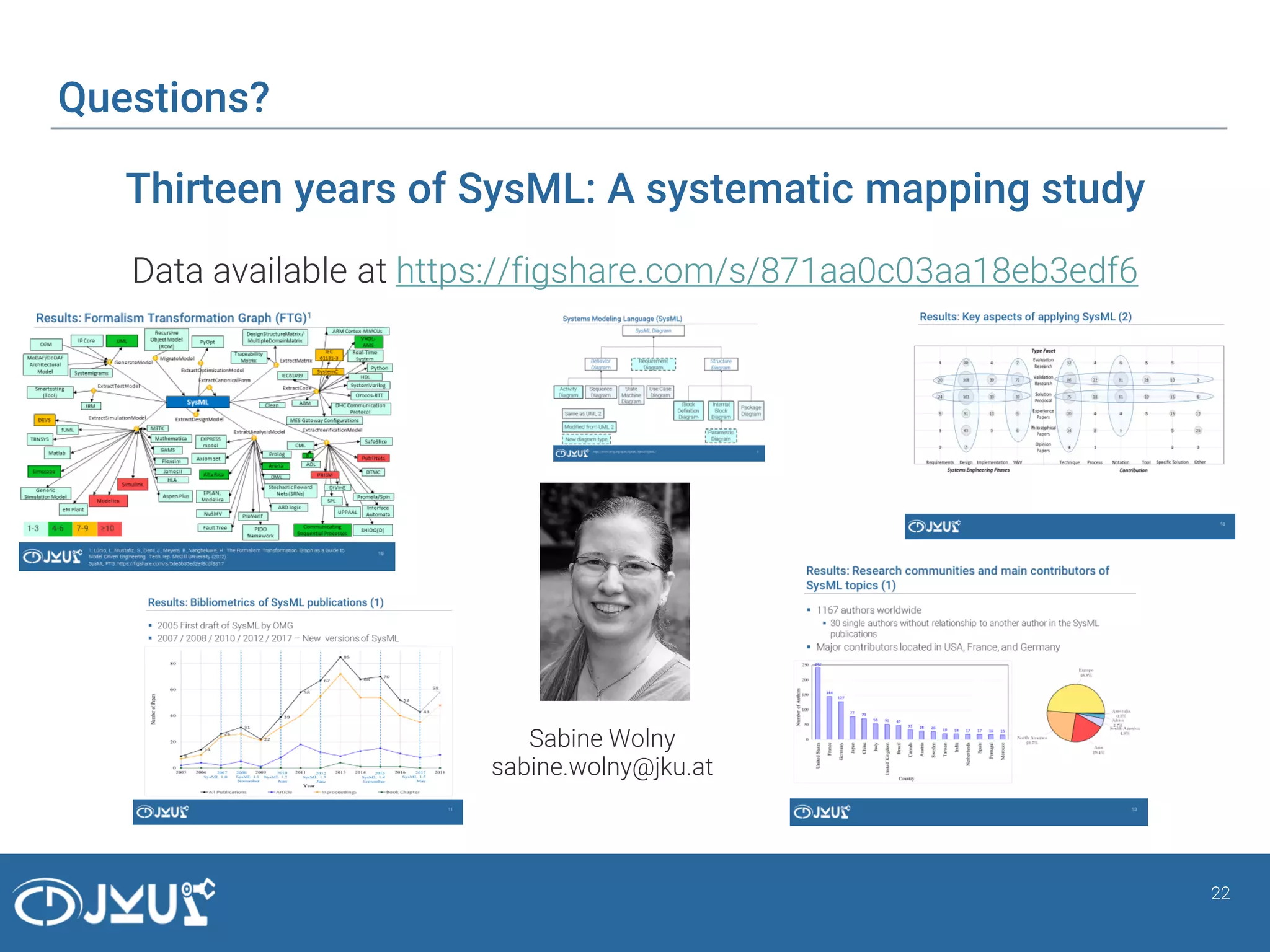 Questions?
22
Data available at https://figshare.com/s/871aa0c03aa18eb3edf6
Thirteen years of SysML: A systematic mapping study
Sabine Wolny
sabine.wolny@jku.at
 