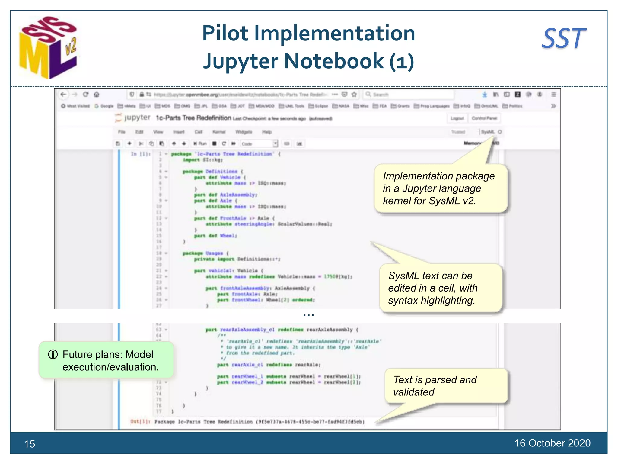 SSTPilot Implementation
Jupyter Notebook (1)
16 October 202015
Implementation package
in a Jupyter language
kernel for SysML v2.
…
SysML text can be
edited in a cell, with
syntax highlighting.
Text is parsed and
validated
 Future plans: Model
execution/evaluation.
 